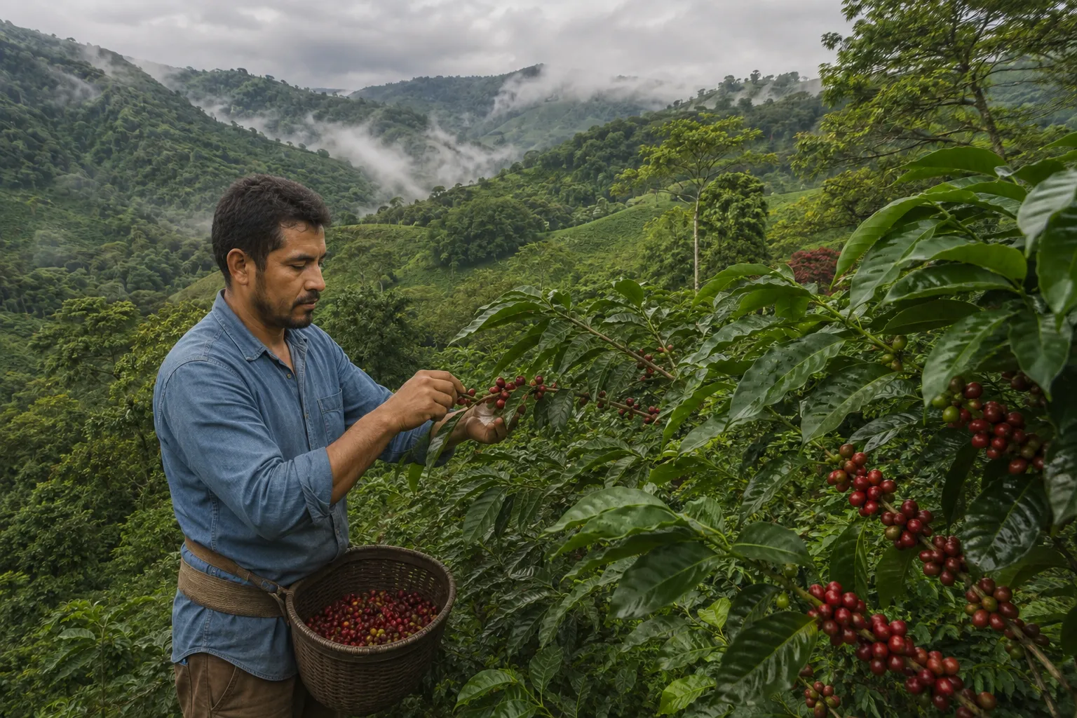 コスタリカの緑の山あいでコーヒーを収穫する、架空の人物と情景のイメージ