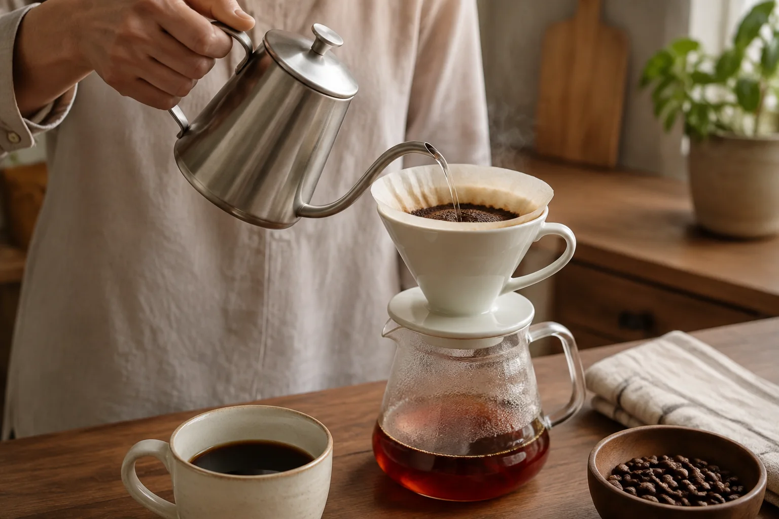 朝の食卓でコーヒーをドリップする情景のイメージ