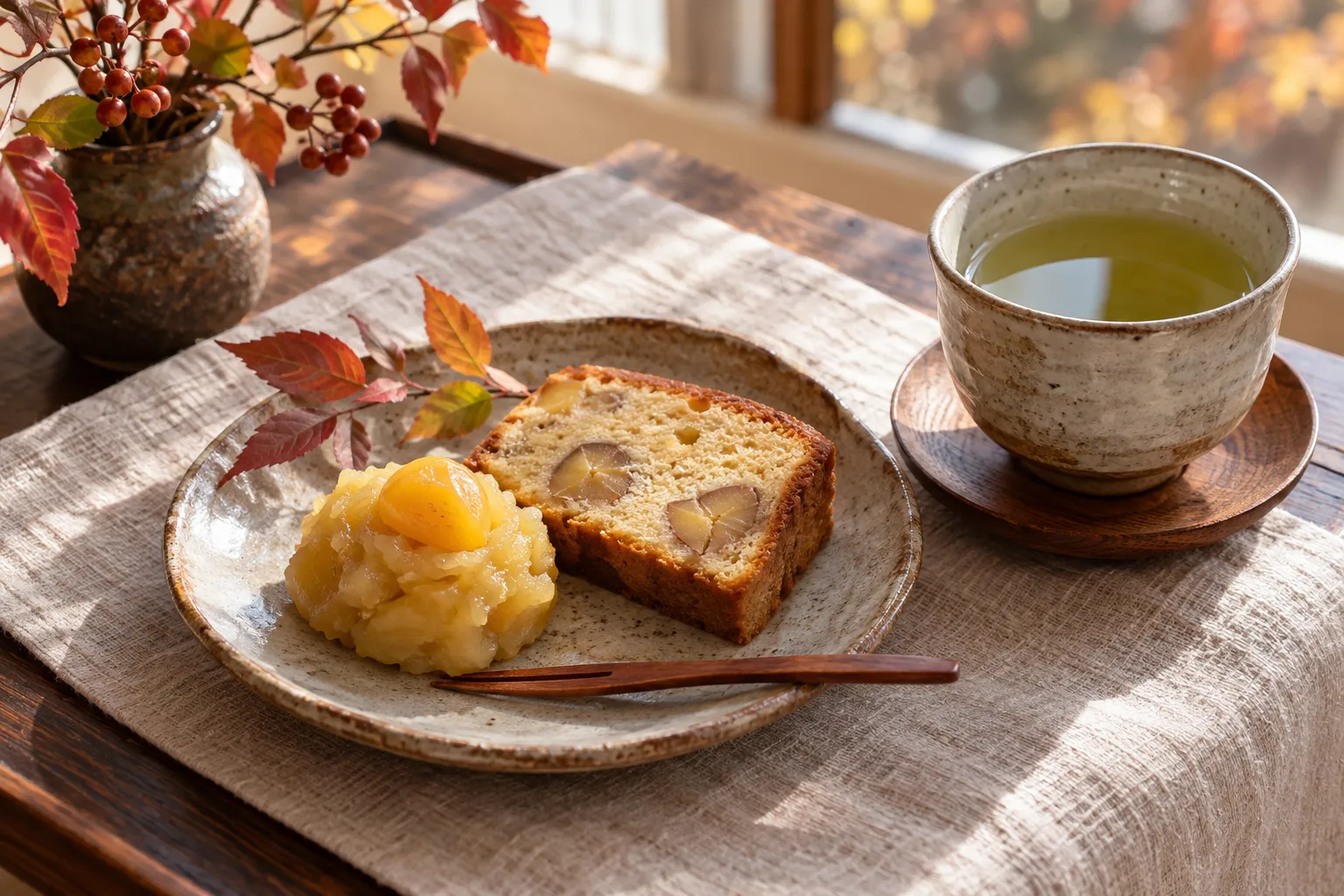 栗菓子と温かいお茶を並べた秋のお茶時間