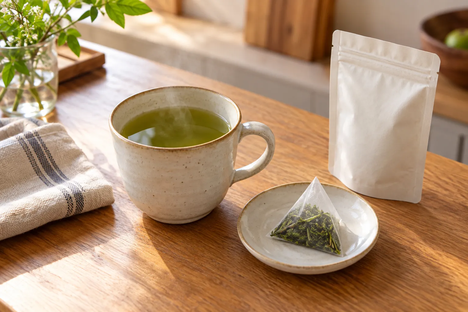 マグカップのお茶とティーバッグを置いた日常のお茶時間