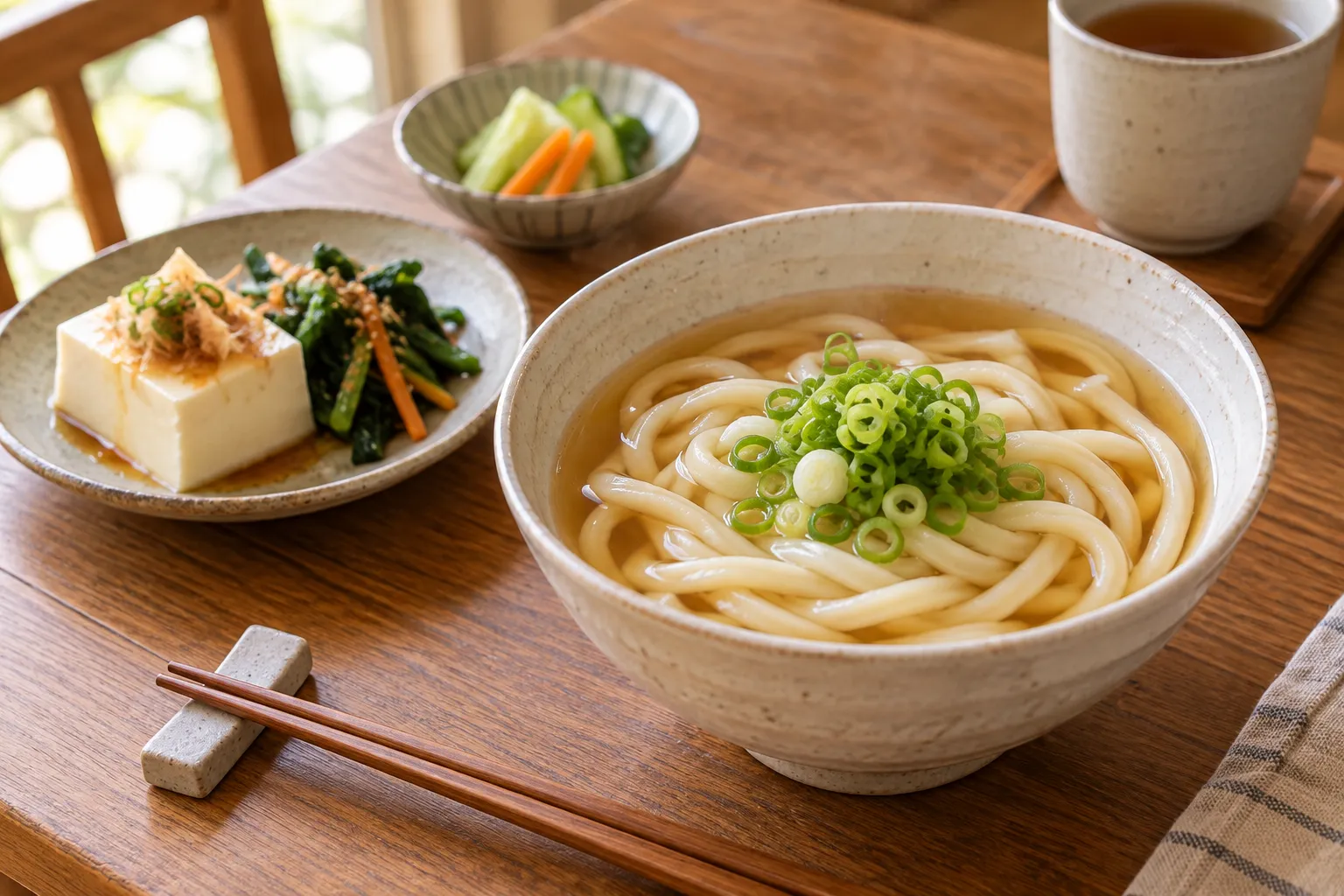 ねぎを添えた温かいうどんと豆腐・野菜の小皿を並べた昼食