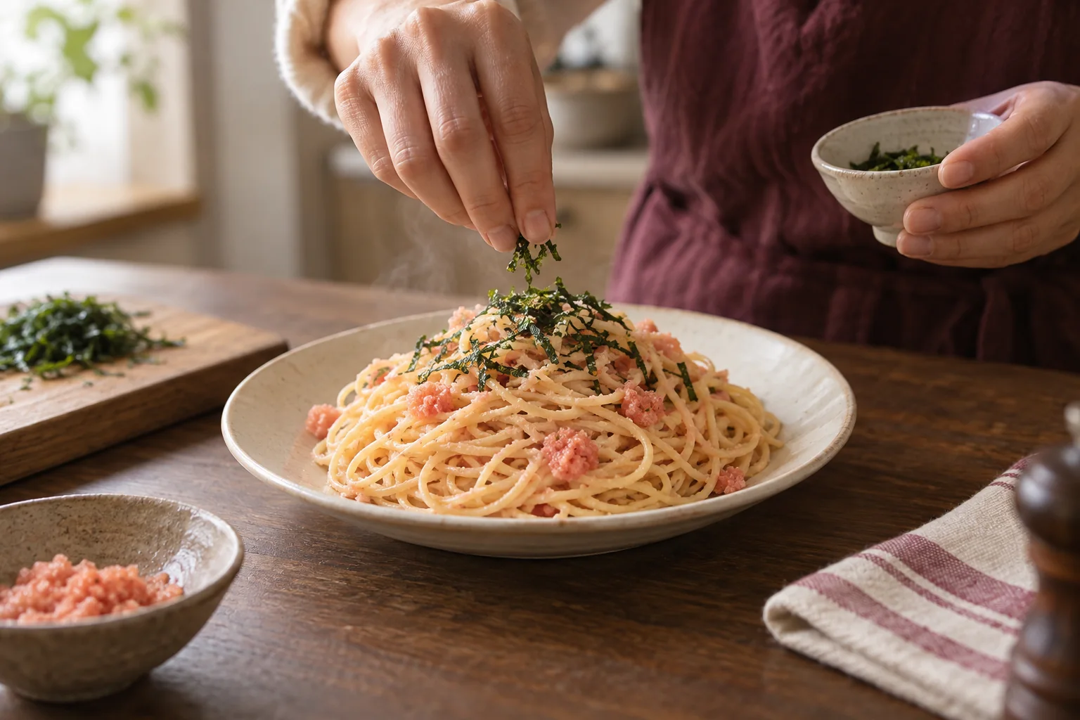 明太子を仕上げに少し加えたパスタのイメージ