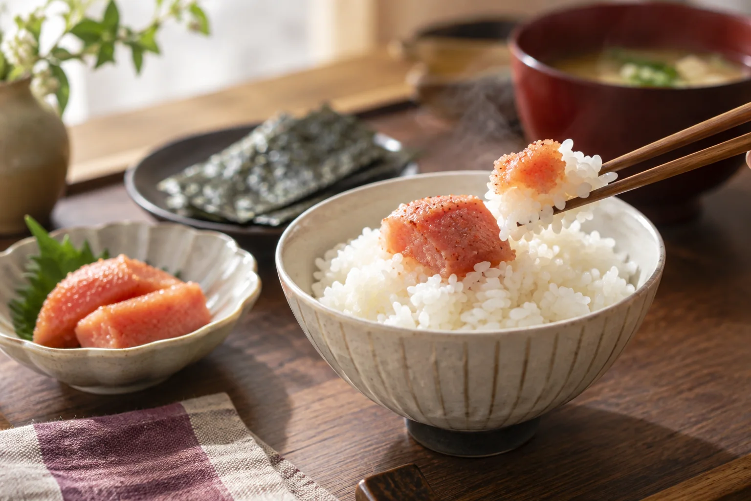白いご飯に辛子めんたいを少しのせて食べるイメージ