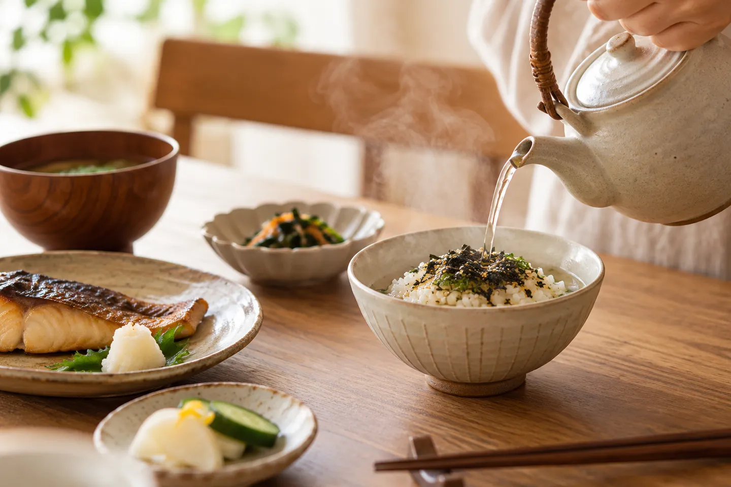 茶碗のお茶漬けにお湯を注ぐ食卓の情景