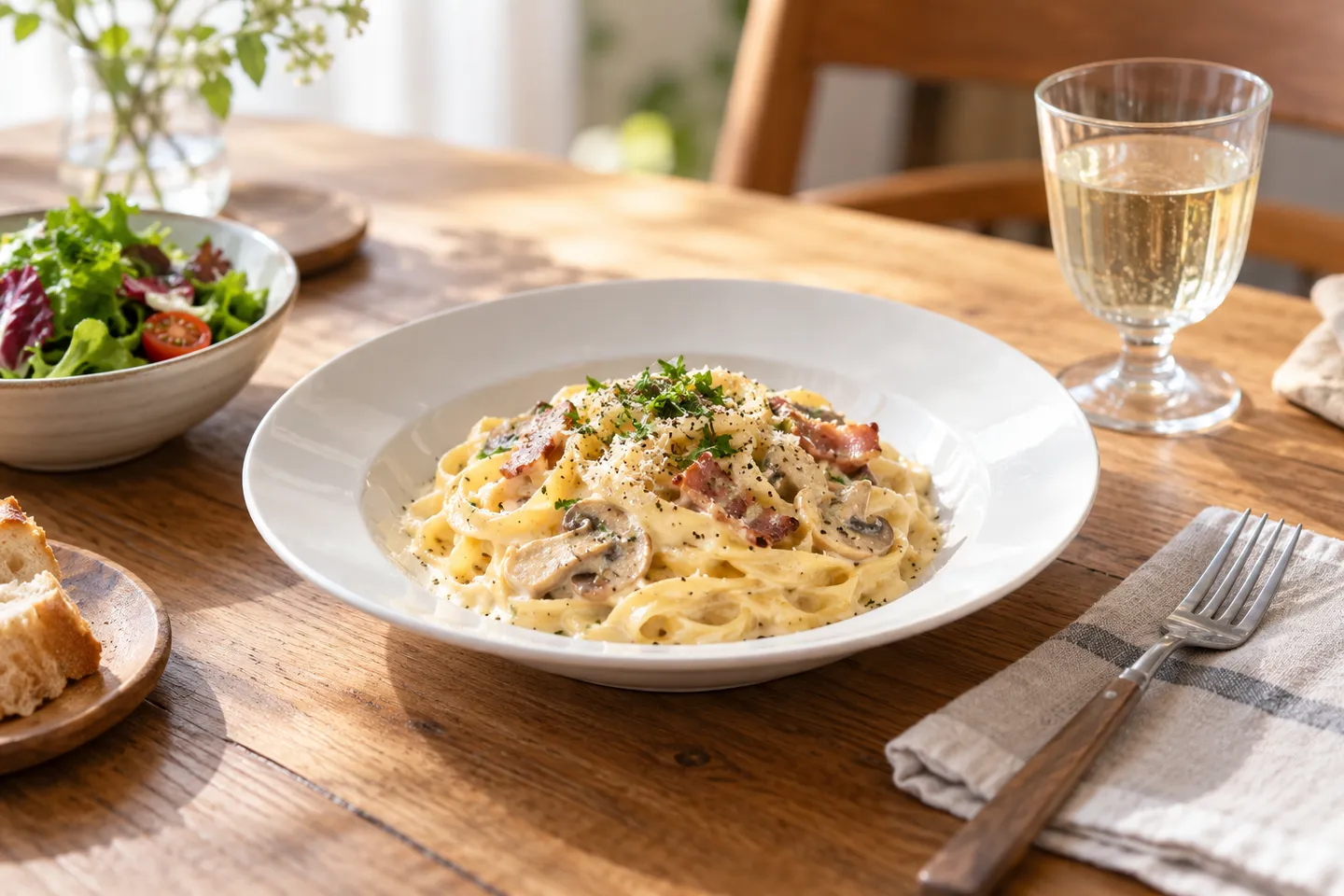クリームパスタとサラダを並べた昼食の情景