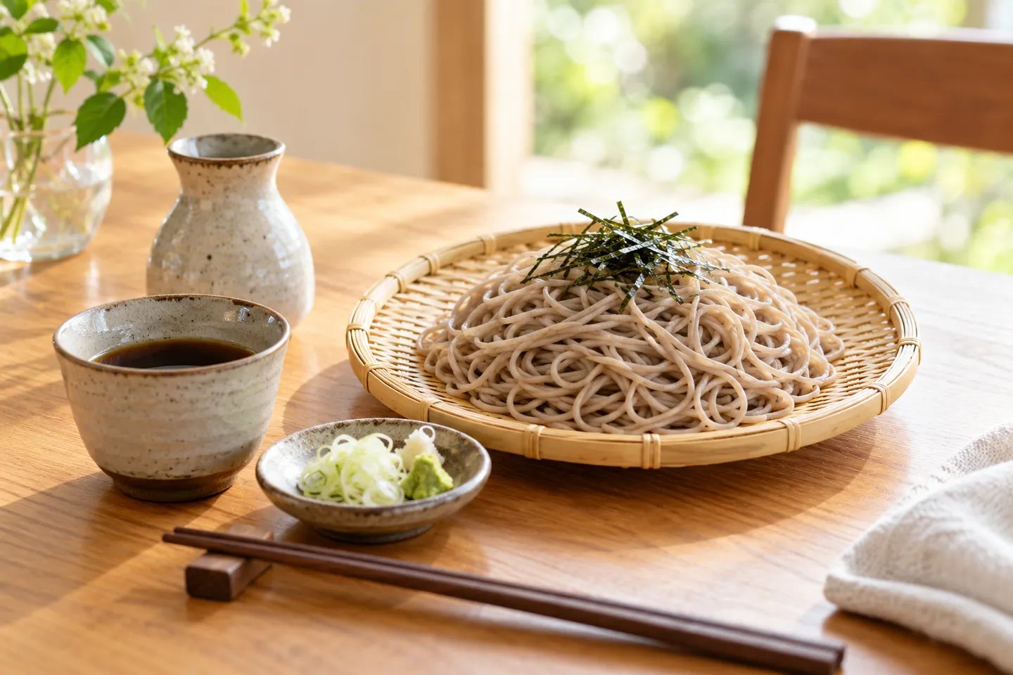 ざるそばとつゆ、薬味を並べた昼食の情景