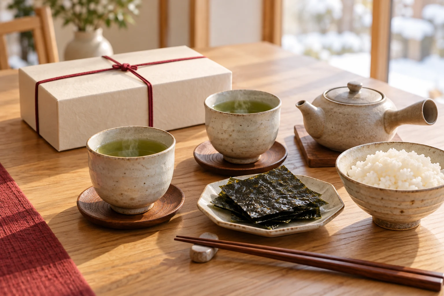 お茶と海苔、ご飯と贈り物を並べた朝の食卓の写真風の挿し絵
