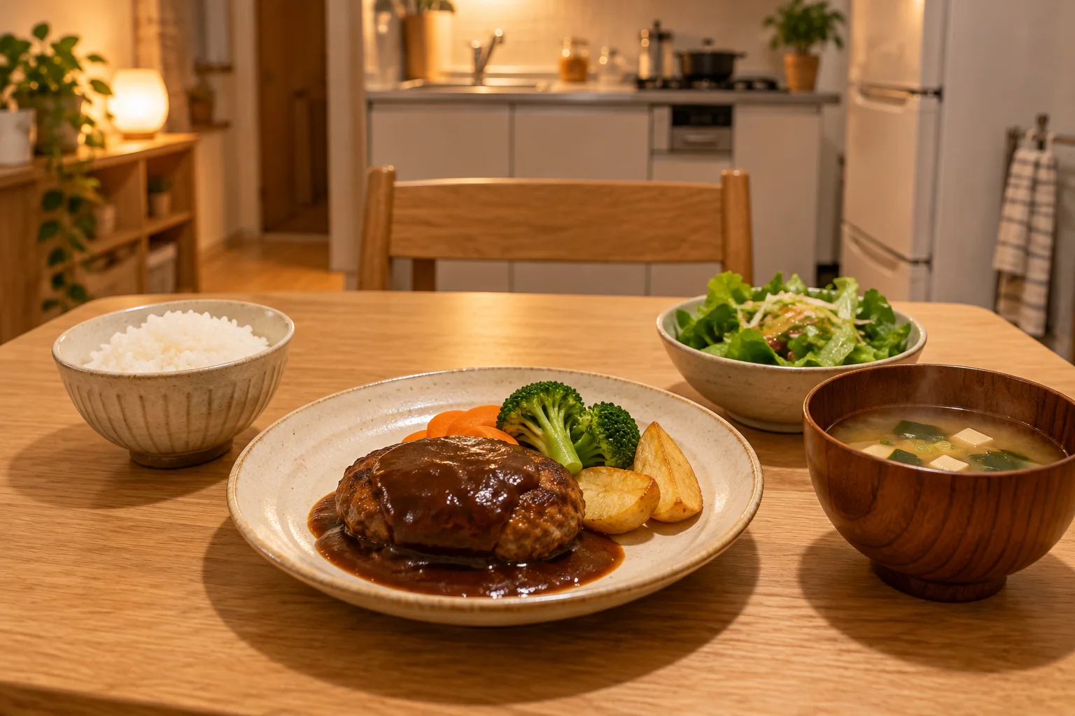 ハンバーグとご飯、汁物を並べた一人の夕食を描く写真風の挿し絵