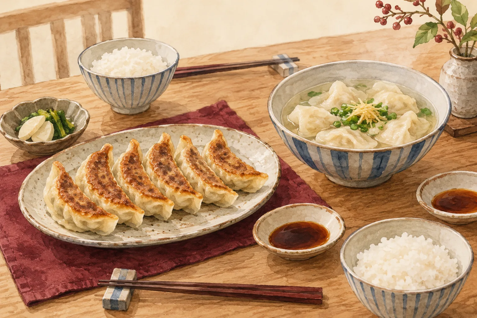 焼き餃子と水餃子を二人で食べ比べる食卓のイメージイラスト
