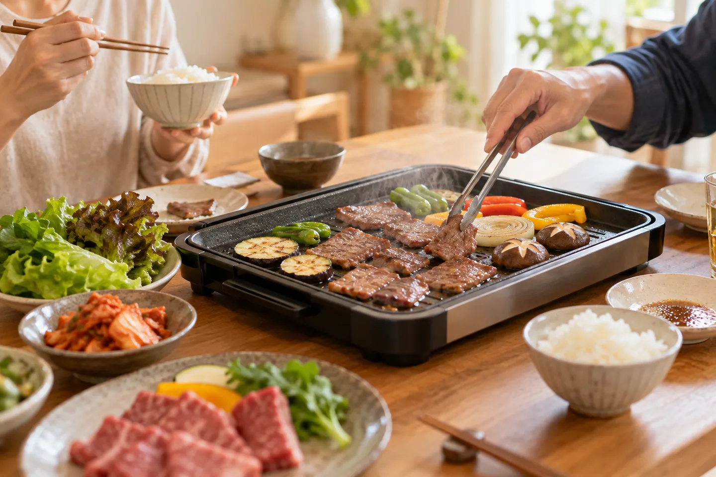 二人で肉と野菜を焼く家庭の焼肉の情景