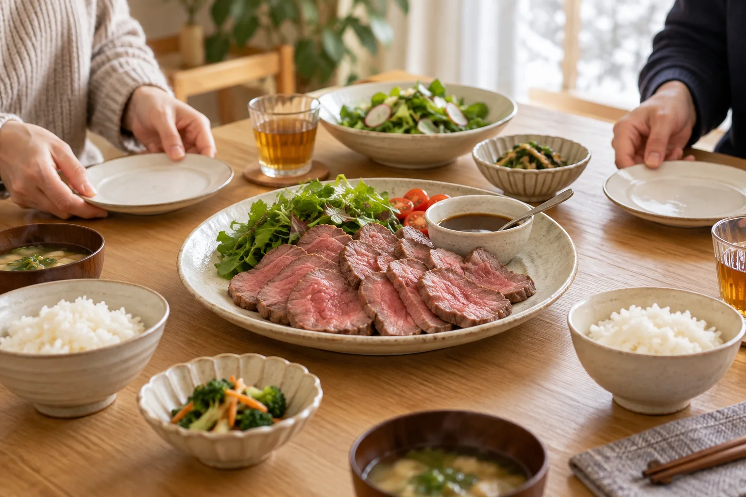 二人の夕食でローストビーフを取り分ける場面を描く写真風の挿し絵