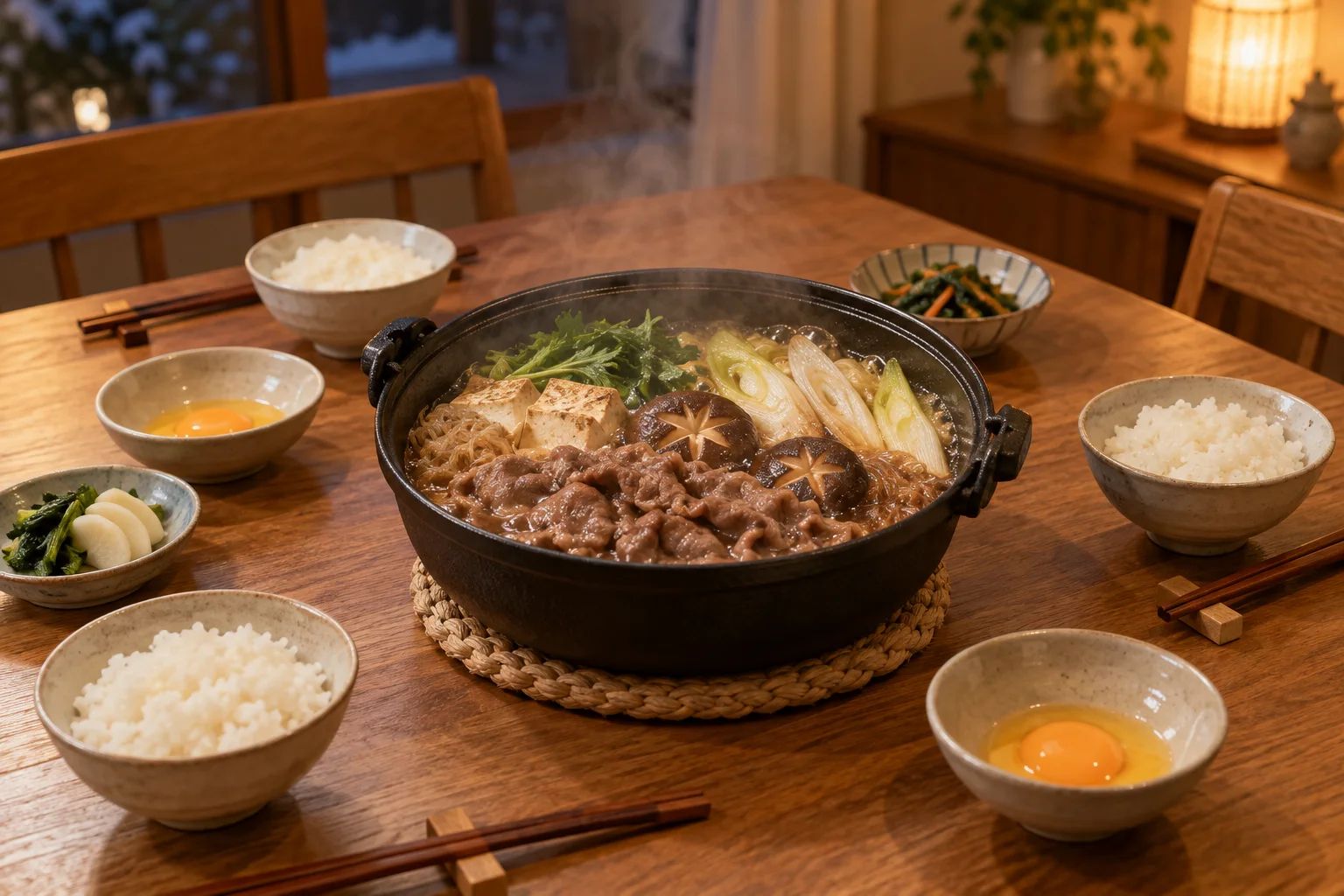 すき焼き鍋と三人分の取り皿を並べた冬の食卓を描く写真風の挿し絵